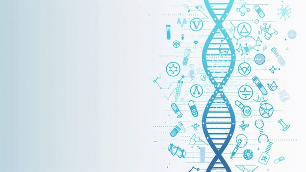 A vibrant double helix DNA strand is surrounded by various medical icons representing the tools used in scientific research and healthcare innovations.