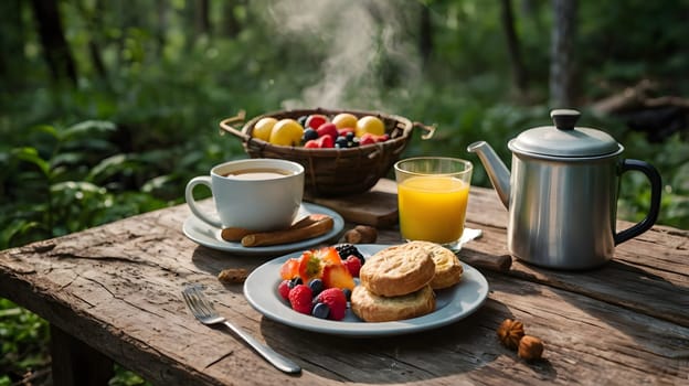 Freshly prepared breakfast includes fruit, biscuits, and beverages arranged on a rustic wooden table in a peaceful forest. The morning light filters through the trees, enhancing the serene atmosphere as steam rises from the kettle.