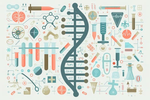 A double helix DNA strand is encompassed by various medical icons like microscopes, test tubes, and stethoscopes, symbolizing scientific exploration and health.