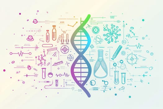 A double helix DNA strand is encircled by various medical icons, including test tubes, microscopes, and stethoscopes, representing health and scientific research.