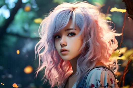 A young woman stands in a forest, her wavy lavender hair catching the soft sunlight filtering through the trees. She gazes softly at the viewer, surrounded by lush greenery and scattered autumn leaves that add vibrancy to the scene.