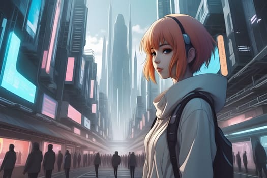 A young woman with short orange hair stands in a bustling futuristic city. Towering skyscrapers adorned with neon lights create a vibrant atmosphere around her. The crowd moves in the background as she gazes contemplatively into the distance, giving a sense of both solitude and connection to the thriving urban environment around her.