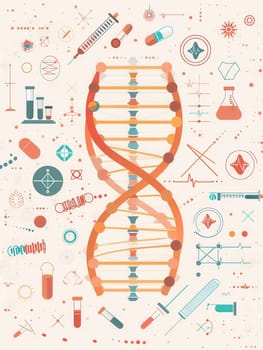 A colorful representation of a double helix DNA strand surrounded by medical icons like microscopes, test tubes, and stethoscopes in a laboratory setting.