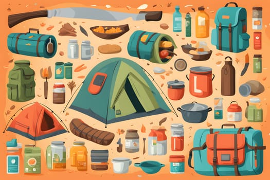 A colorful assortment of camping gear and supplies is arranged on the ground at a campsite. Various tents, cooking utensils, food containers, and backpacks are strategically placed, showcasing all essentials for outdoor adventures.