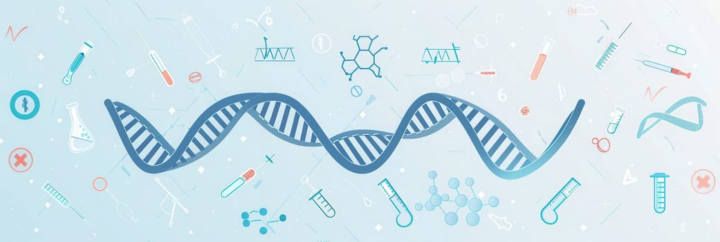 A double helix DNA strand is surrounded by various medical icons, including microscopes, test tubes, and stethoscopes, illustrating genetic research.