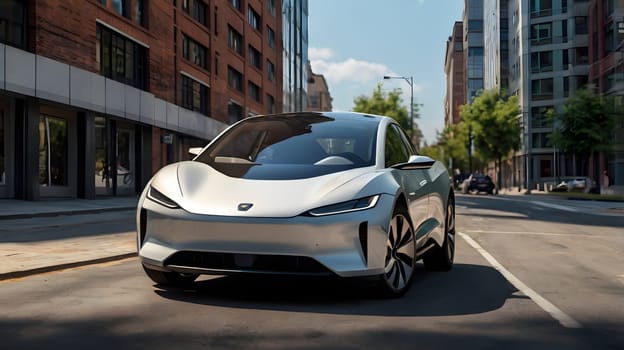 A modern silver electric car is parked on a bustling urban street, surrounded by contemporary buildings. The sunlight reflects off its glossy surface, highlighting its aerodynamic design. Trees and sidewalks create a lively city atmosphere.