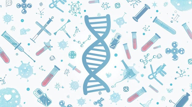 A central DNA double helix is highlighted among various medical icons, illustrating the connection between genetics and healthcare.