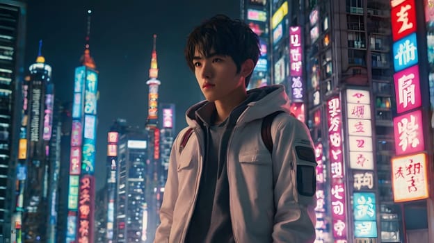 A young man stands amidst vibrant neon lights in a bustling city at night. The colorful neon signs illuminate the streets, creating a dynamic atmosphere. He appears contemplative, taking in the surroundings as people pass by, showcasing the energetic nightlife of the urban landscape.