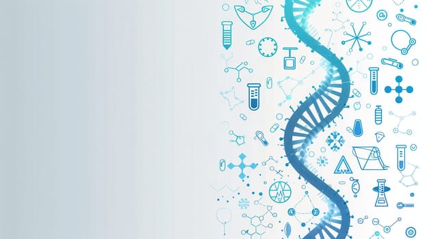 A double helix DNA strand is surrounded by various medical icons, illustrating the connection between genetics and medical science.