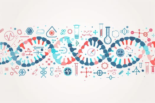 A colorful double helix DNA strand is surrounded by various medical icons, showcasing the integration of science and healthcare in modern research.