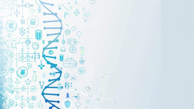 A double helix DNA strand stands central, surrounded by medical icons like microscopes, test tubes, and stethoscopes, symbolizing healthcare innovation and research.