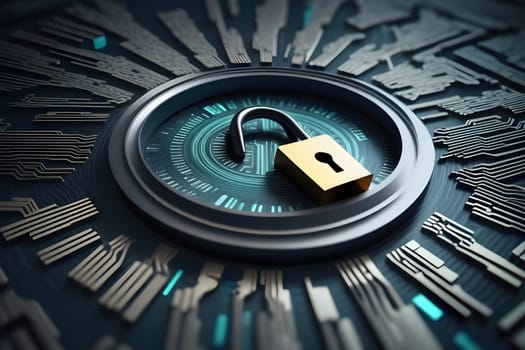 A golden padlock is prominently placed at the center of a circular circuit board design. The intricate patterns and glowing elements around the lock suggest a modern technological theme, symbolizing data security and protection in a digital landscape.