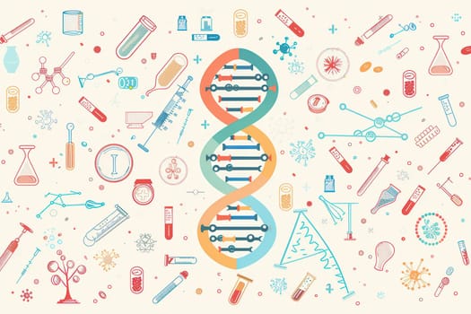 A double helix DNA strand is surrounded by various medical icons representing research tools like microscopes, test tubes, and stethoscopes.