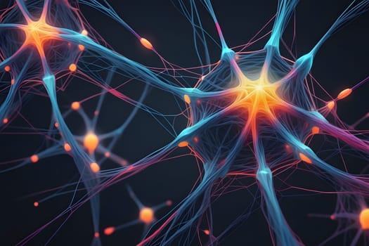 This visual showcases vibrant neurons interconnected in a complex neural network. The glowing synapses illuminate the pathways critical for transmitting signals, revealing a captivating interplay of colors and forms. It highlights the intricate design and function of the nervous system.