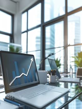A modern office features a laptop displaying an upward trend, surrounded by natural light and city views through expansive windows.