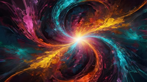 A swirling vortex of vibrant colors spirals outward, creating an energetic explosion at the center. Shades of blue, orange, and purple blend harmoniously, conveying a sense of motion and depth. The interplay of light and color evokes a cosmic ambiance, drawing the viewer into a mesmerizing experience.
