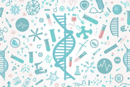 A double helix DNA strand is featured among various medical icons like microscopes, test tubes, and stethoscopes, symbolizing advancements in genetic research.
