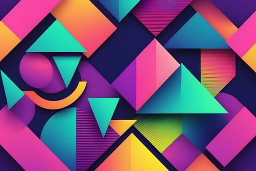 A vibrant arrangement of geometric shapes in various colors creates an engaging visual experience. Triangles, circles, and lines blend harmoniously, showcasing contrasting hues and patterns that draw the eye. This artwork demonstrates modern abstract design, emphasizing creativity and style.