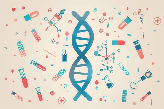 A double helix DNA strand is encircled by various medical icons, representing the intersection of genetics, health, and scientific research.