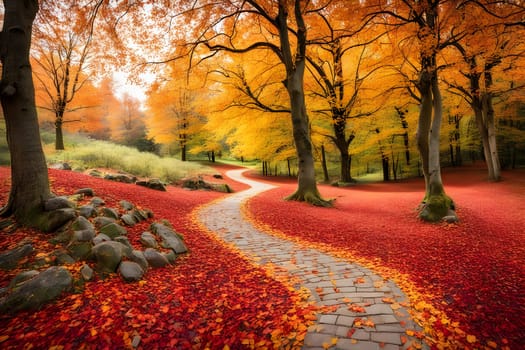 A winding path meanders through a vibrant autumn forest filled with trees showcasing brilliant orange and yellow foliage. The ground is covered in a carpet of fallen red leaves, creating a picturesque scene. Sunlight filters through the branches, illuminating the serene environment.