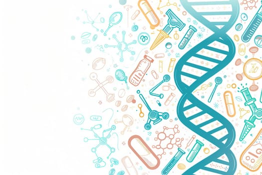 A double helix DNA strand is interspersed with various medical icons like microscopes, test tubes, and stethoscopes, symbolizing scientific exploration.