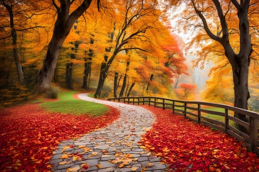 A winding path leads through a peaceful forest adorned with vibrant autumn leaves. The warm hues of orange, red, and yellow create a stunning landscape, inviting visitors to stroll along. Enveloped in a calm ambiance, the scenery highlights the beauty of nature during this picturesque season.
