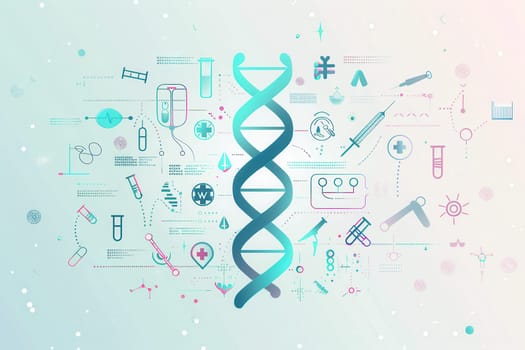 A double helix DNA strand is surrounded by diverse medical icons, emphasizing the integration of genetics and healthcare technology.