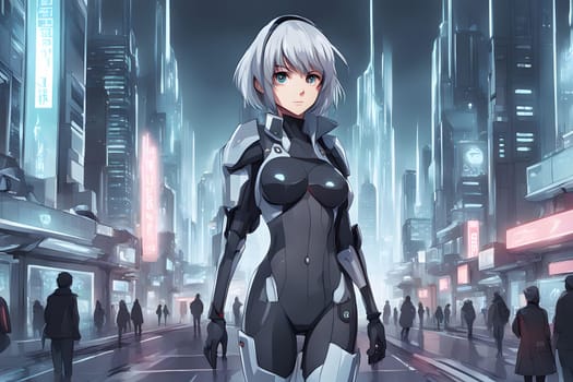 A female cybernetic character stands confidently in a bustling futuristic city at night. Surrounded by towering illuminated skyscrapers, the character exhibits a sleek design, blending technology with artistry. The neon lights reflect off her outfit, enhancing the vibrant atmosphere as pedestrians navigate the urban landscape.