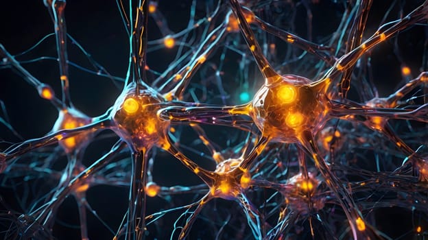 The image showcases a complex network of neurons, interconnected with glowing synapses. The vibrant, luminous nodes highlight the intricate pathways of communication within the nervous system, emphasizing their vital role in transmitting information.