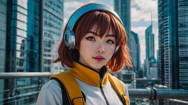 A young woman stands confidently on a rooftop in a vibrant urban environment, showcasing her stylish jacket and headphones. Skyscrapers loom in the background, reflecting the modern cityscape. The bright sky adds energy to her look, making her appear poised and fashionable.