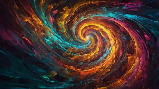 A stunning depiction of a swirling galaxy showcases vibrant colors blending seamlessly. Fiery shades of orange intertwine with cool blues, creating a mesmerizing cosmic vortex. The abstract formation captures the energy and beauty of space.