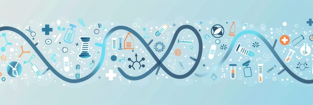 A double helix DNA strand is surrounded by diverse medical icons, including microscopes, test tubes, and stethoscopes, illustrating a scientific theme.