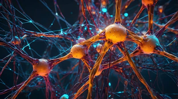Neurons are shown interconnected with vibrant colors, displaying synaptic connections. The network illustrates electrical impulses communicated between cells, highlighting the complexity of neural interactions. This depiction emphasizes the beauty of biological structures at a microscopic level.