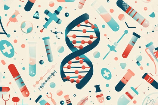 A vibrant double helix of DNA is showcased at the center, surrounded by various medical icons, illustrating the intersection of genetics and healthcare.