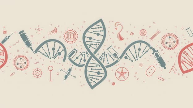 A double helix DNA strand is depicted alongside various medical icons, including microscopes and test tubes, emphasizing genetic research and healthcare.