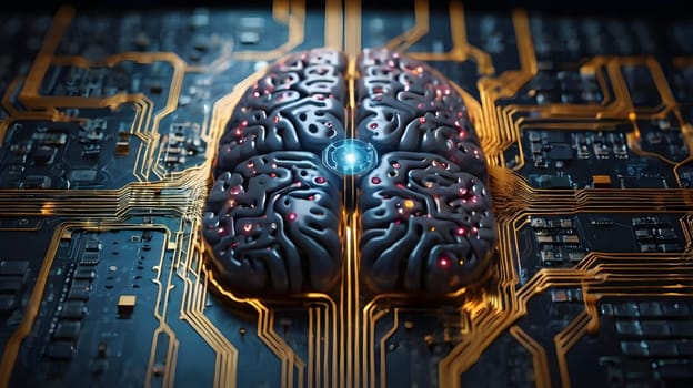 A detailed representation of a brain designed with intricate circuitry patterns, emphasizing the connection between biology and technology. The luminous center highlights the fusion of artificial intelligence and neural networks, showcasing the advancements in modern tech.