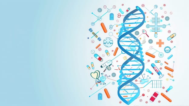 A double helix DNA strand centrally placed, with medical icons like microscopes, test tubes, and stethoscopes surrounding it, representing health and science.