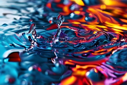Vibrant colors ripple across the surface of water as drops create dynamic splashes. The interplay of light and texture brings an artistic and mesmerizing quality to the scene, showcasing the beauty of fluid movement.