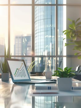 A sleek office bathed in natural light highlights a laptop with growth charts, surrounded by potted plants and a coffee cup, creating an inviting workspace.