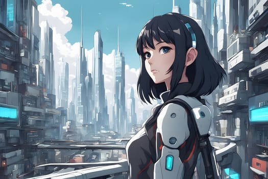 A young woman wearing high-tech armor stands confidently in a sprawling futuristic city. Towering skyscrapers and illuminated pathways surround her, creating a vibrant urban atmosphere. Wispy clouds drift overhead, enhancing the tech-inspired skyline during dusk.