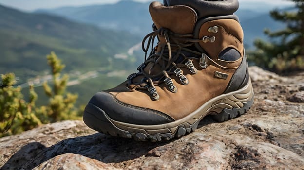 A sturdy hiking boot is positioned on a rocky surface, showcasing its rugged design and grip. In the background, mountains stretch out under clear blue skies, emphasizing an adventurous outdoor atmosphere. This scene captures the spirit of exploration and appreciation for nature.