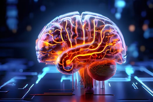 A vibrant neon representation of a human brain is displayed, showcasing intricate details and glowing pathways. The brain sits atop a base resembling electric circuitry, with a futuristic digital backdrop enhancing its luminous effect.