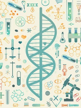 A double helix DNA strand is centrally positioned among diverse medical icons like microscopes and test tubes, illustrating a laboratory theme.