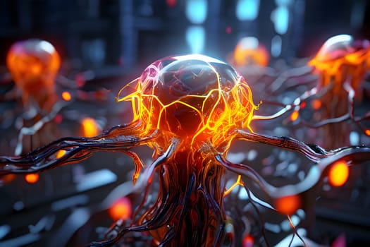 Bioluminescent organisms are intricately structured, emitting a vivid glow amidst a dark, futuristic urban backdrop. The surrounding atmosphere is charged with energy, highlighting the unique forms and their interconnected tendrils.