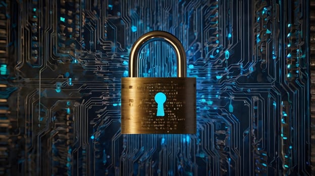 A golden padlock is centrally placed against a backdrop of intricate blue circuits, representing strong cybersecurity measures. The luminous circuits highlight the importance of security in the digital landscape.