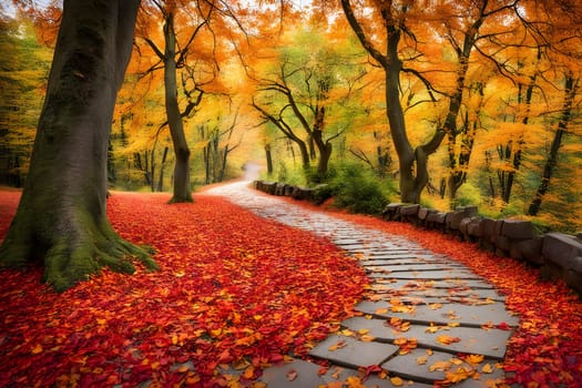 A serene pathway meanders through a forest adorned with colorful autumn leaves. Bright red and orange foliage covers the ground, creating a stunning carpet. Towering trees showcase their vibrant colors against a clear sky, inviting visitors to explore the tranquil beauty of nature.