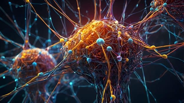 The visual showcases an intricate network of neurons, highlighting the vibrant connections between nodes. The structure displays a blend of colors that emphasizes activity within the neural pathways, suggesting dynamic processes at play. This representation illustrates the complexity of neural communication in the brain.
