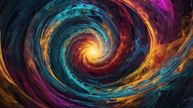 This mesmerizing artwork depicts a swirling galaxy radiating vibrant colors, blending deep blues, fiery oranges, and rich purples. The dynamic motion creates a sense of depth, drawing the viewer into a cosmic whirlpool of celestial energy.