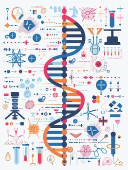 A vibrant double helix DNA strand is illustrated, surrounded by medical icons like microscopes, test tubes, and stethoscopes representing scientific exploration.