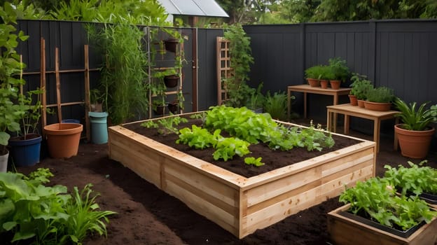 A vibrant vegetable garden features a large wooden raised bed filled with thriving green plants. Surrounding the garden are potted herbs and leafy greens, creating a lush and inviting atmosphere. The setting is well-maintained with a wooden fence in the background, enhancing the garden's aesthetic appeal.